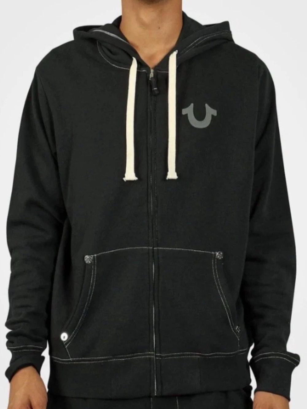 True Religion Men’s Buddha Logo Hoodie Zip-Up Contrast Stitch Black Sweatshirt M